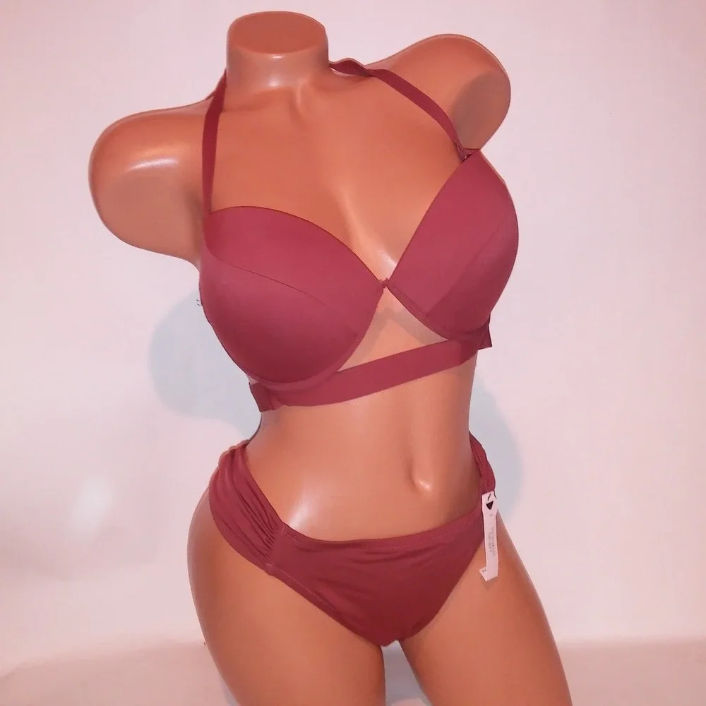 Victoria Secret Swim Bikini 38D Top XL Bottom Bikini Ginger Push Up Solid Hottie